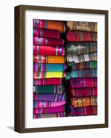 Colorful scarfs or blankets for tourists. Town of Humahuaca in the Quebrada de Humahuaca canyon-Martin Zwick-Framed Photographic Print