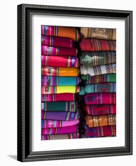 Colorful scarfs or blankets for tourists. Town of Humahuaca in the Quebrada de Humahuaca canyon-Martin Zwick-Framed Photographic Print