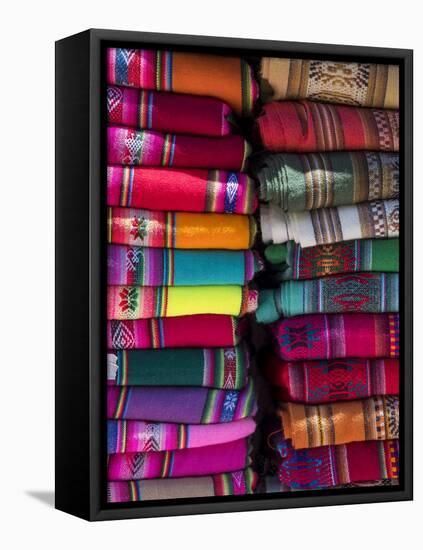 Colorful scarfs or blankets for tourists. Town of Humahuaca in the Quebrada de Humahuaca canyon-Martin Zwick-Framed Premier Image Canvas