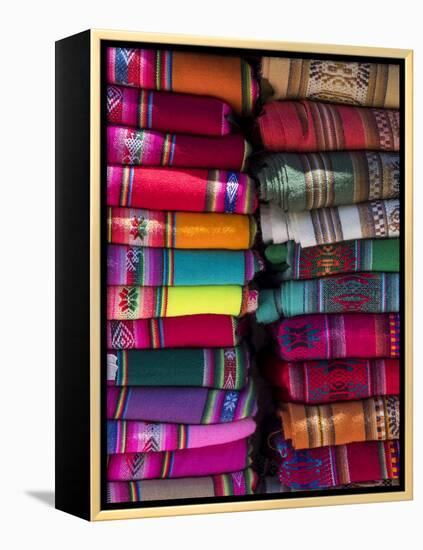 Colorful scarfs or blankets for tourists. Town of Humahuaca in the Quebrada de Humahuaca canyon-Martin Zwick-Framed Premier Image Canvas