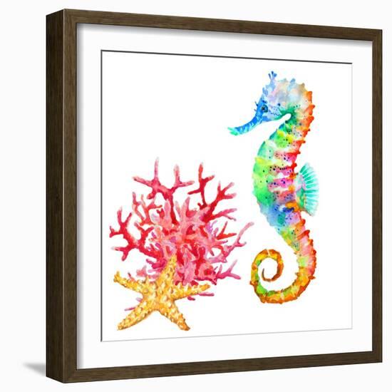 Colorful Seahorse, Red Coral and Starfish, Watercolor.-Elena Sapegina-Framed Photographic Print