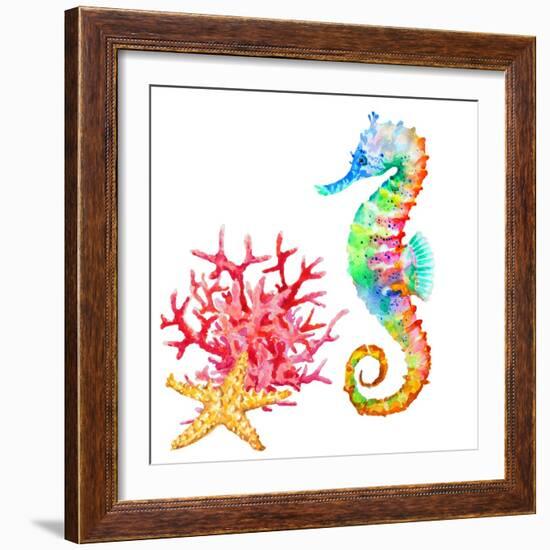 Colorful Seahorse, Red Coral and Starfish, Watercolor.-Elena Sapegina-Framed Photographic Print