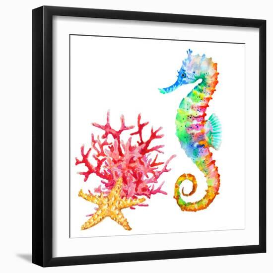 Colorful Seahorse, Red Coral and Starfish, Watercolor.-Elena Sapegina-Framed Photographic Print