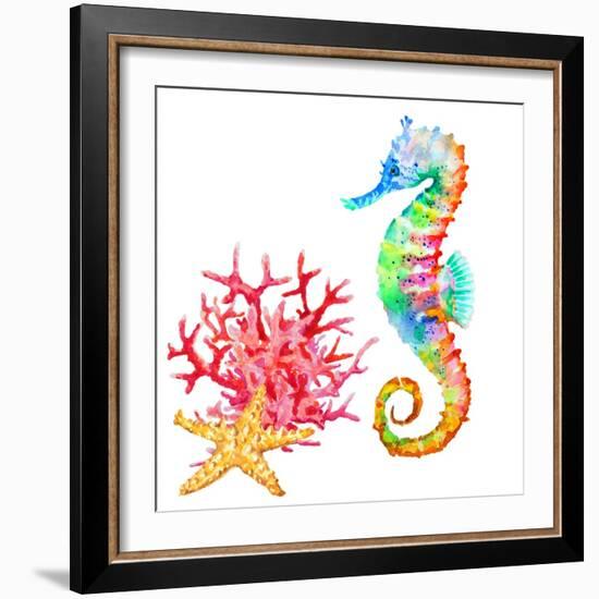 Colorful Seahorse, Red Coral and Starfish, Watercolor.-Elena Sapegina-Framed Photographic Print