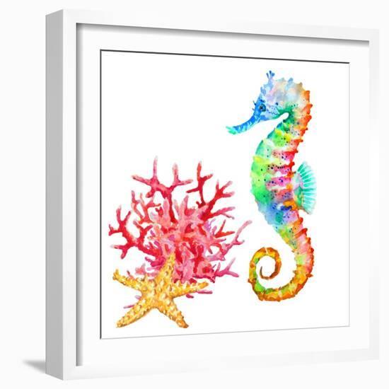 Colorful Seahorse, Red Coral and Starfish, Watercolor.-Elena Sapegina-Framed Photographic Print