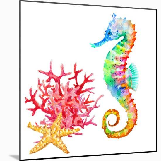 Colorful Seahorse, Red Coral and Starfish, Watercolor.-Elena Sapegina-Mounted Photographic Print