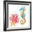 Colorful Seahorse, Red Coral and Starfish, Watercolor.-Elena Sapegina-Framed Photographic Print