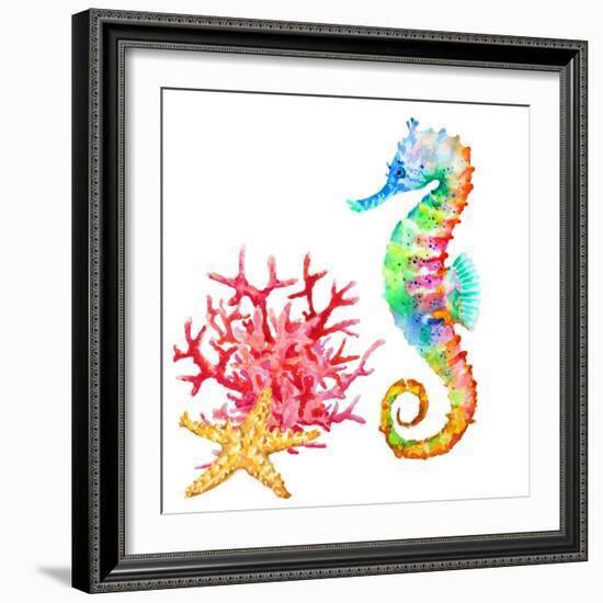 Colorful Seahorse, Red Coral and Starfish, Watercolor.-Elena Sapegina-Framed Photographic Print