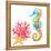 Colorful Seahorse, Red Coral and Starfish, Watercolor.-Elena Sapegina-Framed Premier Image Canvas