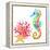 Colorful Seahorse, Red Coral and Starfish, Watercolor.-Elena Sapegina-Framed Premier Image Canvas