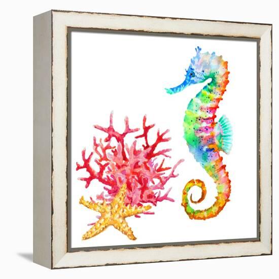 Colorful Seahorse, Red Coral and Starfish, Watercolor.-Elena Sapegina-Framed Premier Image Canvas