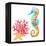 Colorful Seahorse, Red Coral and Starfish, Watercolor.-Elena Sapegina-Framed Premier Image Canvas