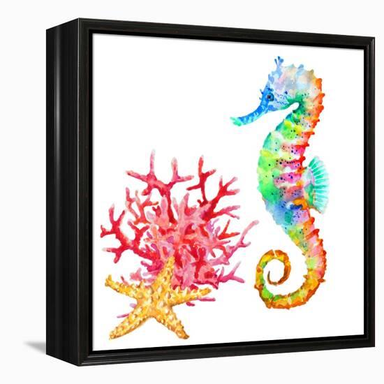 Colorful Seahorse, Red Coral and Starfish, Watercolor.-Elena Sapegina-Framed Premier Image Canvas