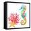 Colorful Seahorse, Red Coral and Starfish, Watercolor.-Elena Sapegina-Framed Premier Image Canvas