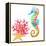 Colorful Seahorse, Red Coral and Starfish, Watercolor.-Elena Sapegina-Framed Premier Image Canvas