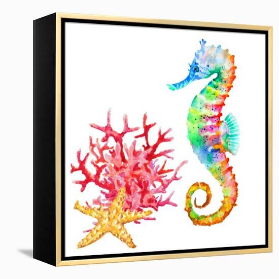 Colorful Seahorse, Red Coral and Starfish, Watercolor.-Elena Sapegina-Framed Premier Image Canvas