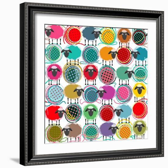 Colorful Seamless Sheep and Yarn Balls Pattern. Seamless Sheep Pattern. Vector Eps10. No Effects Us-Popmarleo-Framed Art Print