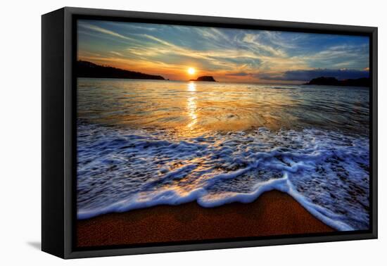 Colorful Seaside Beach Sunrise with Distant Mountains-West Coast Scapes-Framed Premier Image Canvas