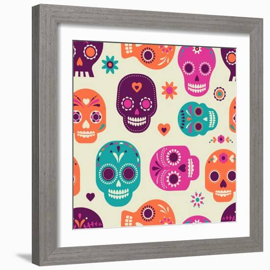 Colorful Skull Cute Pattern, Mexican Day of the Dead-Marish-Framed Art Print