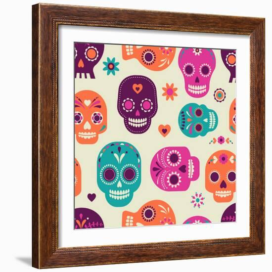 Colorful Skull Cute Pattern, Mexican Day of the Dead-Marish-Framed Art Print