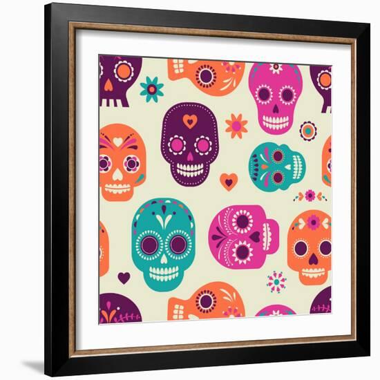 Colorful Skull Cute Pattern, Mexican Day of the Dead-Marish-Framed Art Print