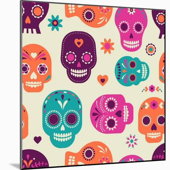 Colorful Skull Cute Pattern, Mexican Day of the Dead-Marish-Mounted Art Print
