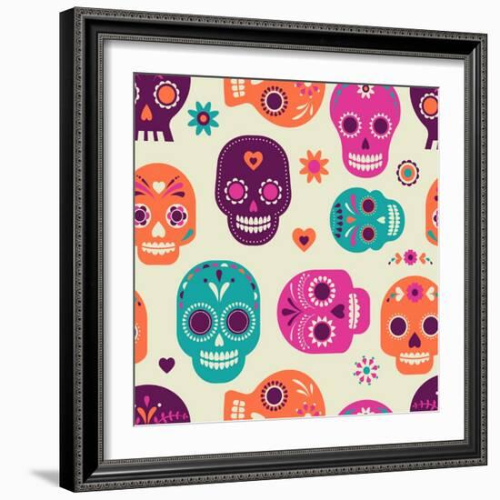 Colorful Skull Cute Pattern, Mexican Day of the Dead-Marish-Framed Art Print