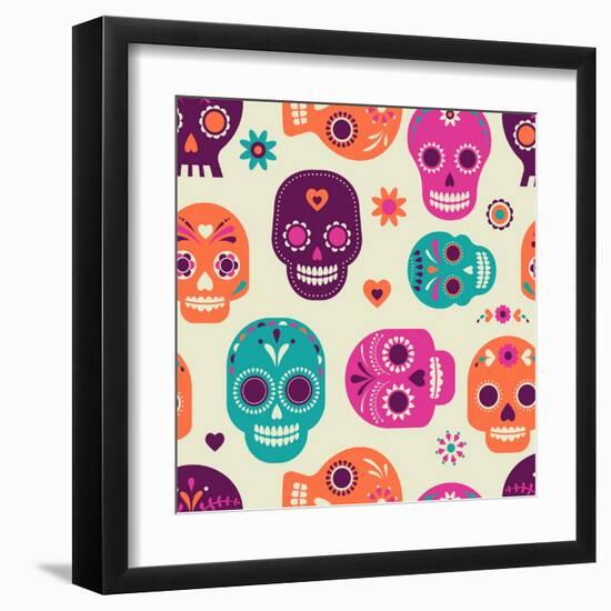 Colorful Skull Cute Pattern, Mexican Day of the Dead-Marish-Framed Art Print