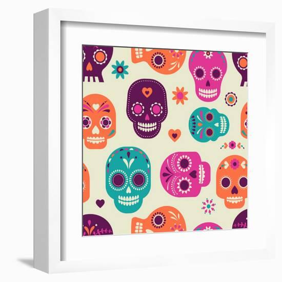 Colorful Skull Cute Pattern, Mexican Day of the Dead-Marish-Framed Art Print