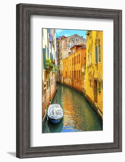 Colorful small canal bridge and reflection, Venice, Italy-William Perry-Framed Photographic Print