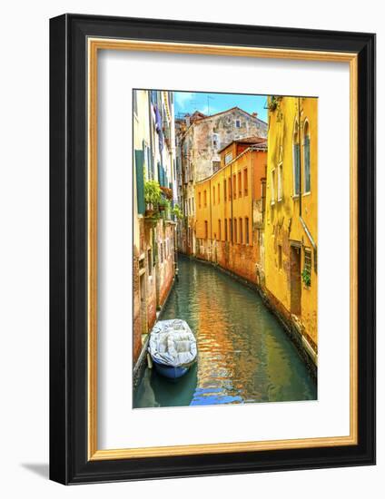 Colorful small canal bridge and reflection, Venice, Italy-William Perry-Framed Photographic Print