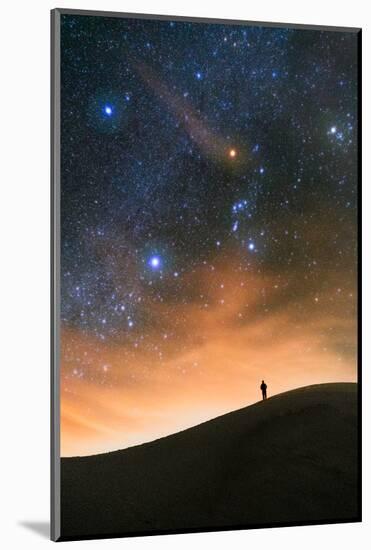 Colorful stars sky in White Sands Monument over Sand Dunes with silhouette and horizon air glow-David Chang-Mounted Photographic Print
