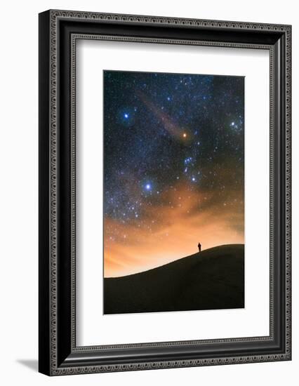 Colorful stars sky in White Sands Monument over Sand Dunes with silhouette and horizon air glow-David Chang-Framed Photographic Print