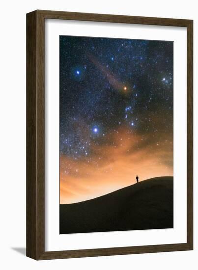 Colorful stars sky in White Sands Monument over Sand Dunes with silhouette and horizon air glow-David Chang-Framed Photographic Print