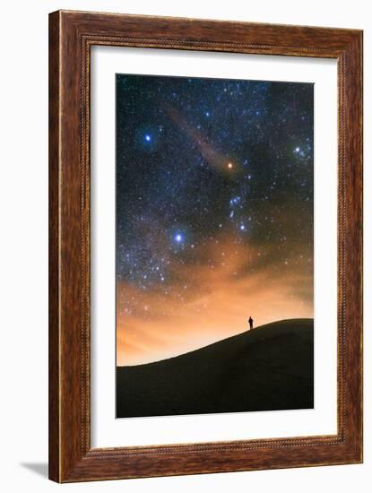 Colorful stars sky in White Sands Monument over Sand Dunes with silhouette and horizon air glow-David Chang-Framed Photographic Print