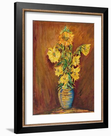 Colorful Sunflowers Bouquet On Brown Background-kirilstanchev-Framed Art Print