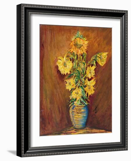 Colorful Sunflowers Bouquet On Brown Background-kirilstanchev-Framed Art Print