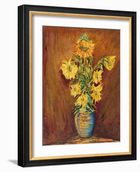 Colorful Sunflowers Bouquet On Brown Background-kirilstanchev-Framed Art Print