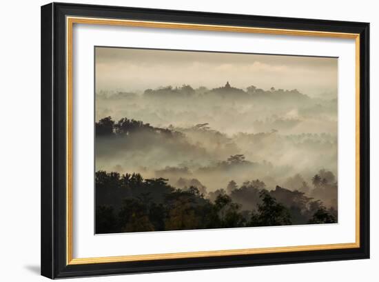 Colorful Sunrise over Borobudur Temple in Misty Jungle Forest, Indoneisa-mazzzur-Framed Photographic Print