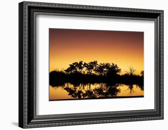 Colorful sunset at watering hole. Camelthorn Lodge. Hwange National Park. Zimbabwe.-Tom Norring-Framed Photographic Print