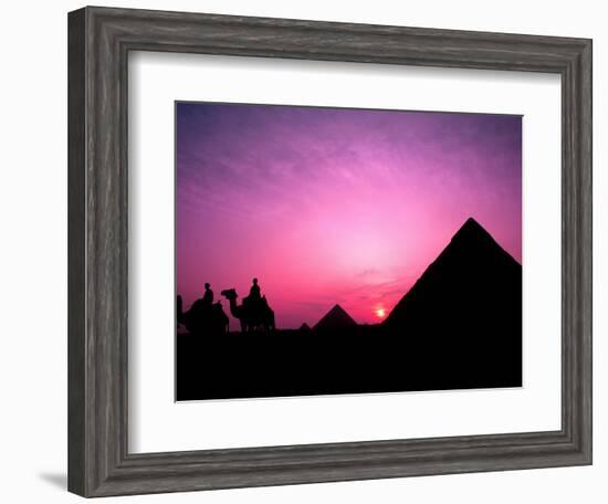 Colorful Sunset Silhouetting Men and Camels at the Great Pyramids of Giza, Egypt-Bill Bachmann-Framed Photographic Print