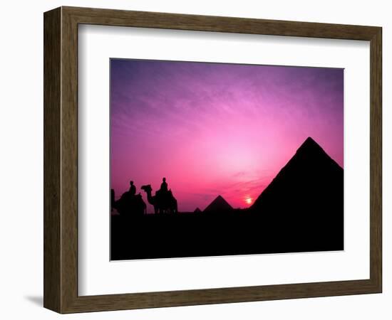 Colorful Sunset Silhouetting Men and Camels at the Great Pyramids of Giza, Egypt-Bill Bachmann-Framed Photographic Print