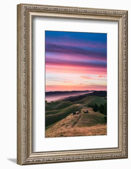 Colorful sunset with pink clouds on Mt. Tam in San Francisco with rolling, golden hills-David Chang-Framed Photographic Print