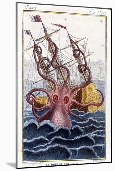 Colossal Octopus (Octopus, Giant Squid, Kraken) Attacking a Ship (Ship, Ship) - Engraving of the Bo-Unknown Artist-Mounted Giclee Print