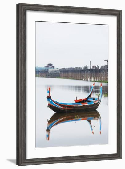 Colourful Boat and U Bein Bridge on Taungthaman Lake, Amarapura, Mandalay, Myanmar (Burma), Asia-Christian Kober-Framed Photographic Print