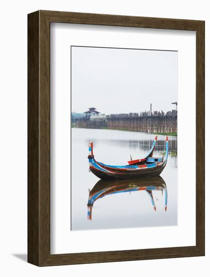 Colourful Boat and U Bein Bridge on Taungthaman Lake, Amarapura, Mandalay, Myanmar (Burma), Asia-Christian Kober-Framed Photographic Print