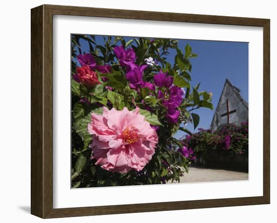 Colourful Flowers and Church in the Pastaza River Valley, Near Banos, Ambato Province, Ecuador-Robert Francis-Framed Photographic Print