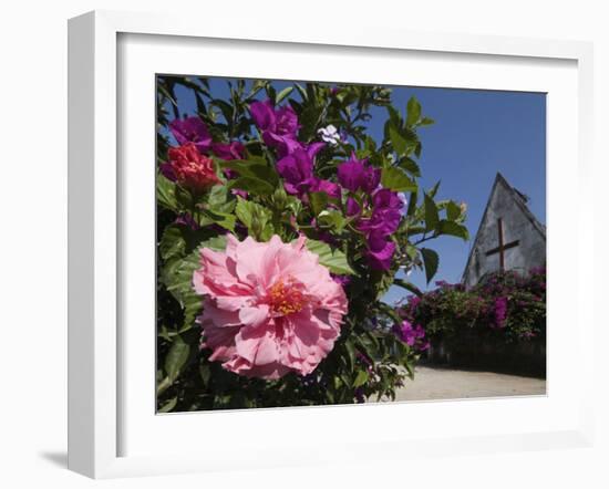 Colourful Flowers and Church in the Pastaza River Valley, Near Banos, Ambato Province, Ecuador-Robert Francis-Framed Photographic Print