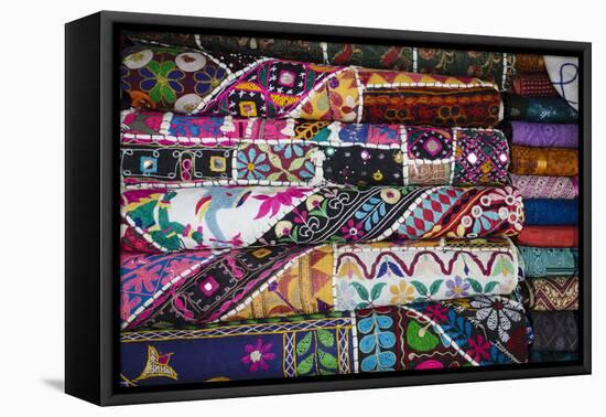 Colourful Hand Woven Fabrics at Mapusa Market, Goa, India, Asia-Yadid Levy-Framed Premier Image Canvas