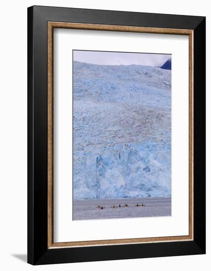 Colourful kayaks, Aialik Glacier, blue ice, Harding Icefield, Kenai Fjords National Park, near Sewa-Eleanor Scriven-Framed Photographic Print